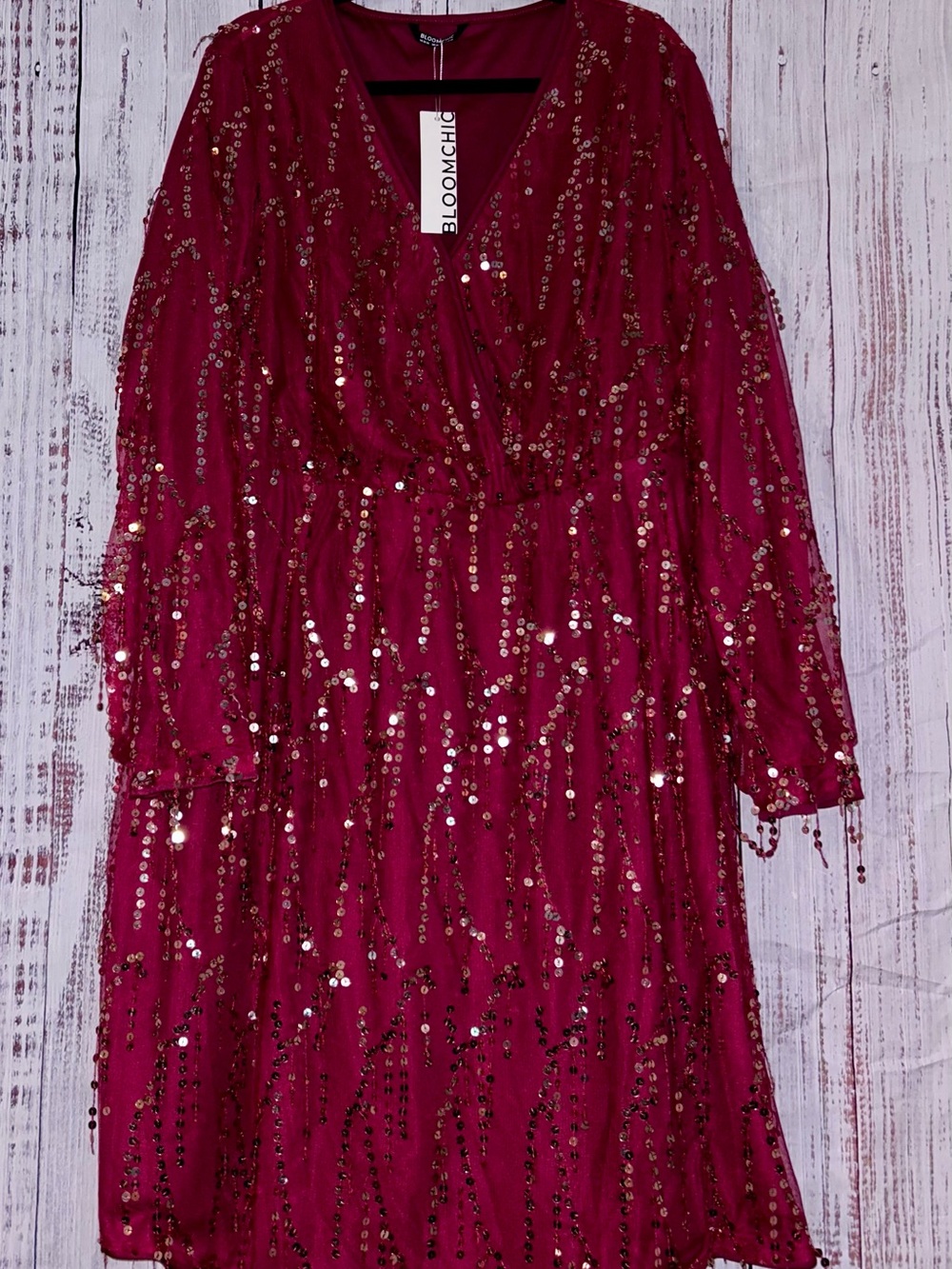 BloomChic Wine Sequin Long Sleeve V-Neck Dress